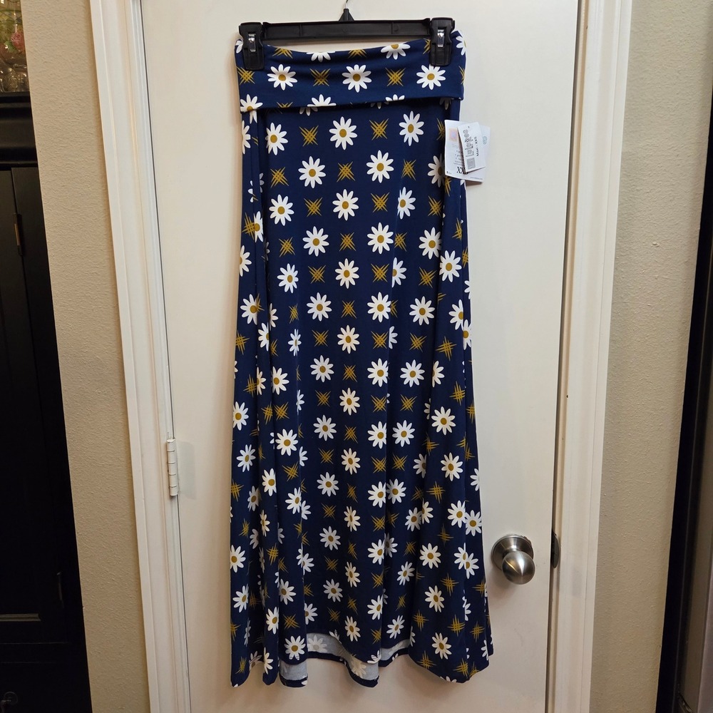 LuLaRoe Maxi Skirt XXS Navy Blue White Daisy Floral Geometric Fold Waist NWT